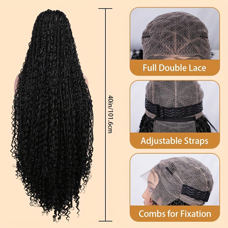 360 Lace Boho Knotless Box Braided Wig for Women - Full Double Lace with, Natural Black Synthetic Hair, Lightweight & Breathable, Perfect for Daily Wear, Parties, and Special Occasions, Versatile Hair Solution | Voluminous Br